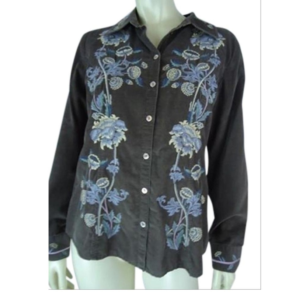 J. Jill Shirt S Gray Cotton Corduroy Embroidery